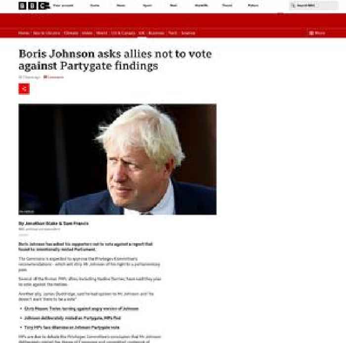 Boris Johnson asks allies not to vote against Partygate findings