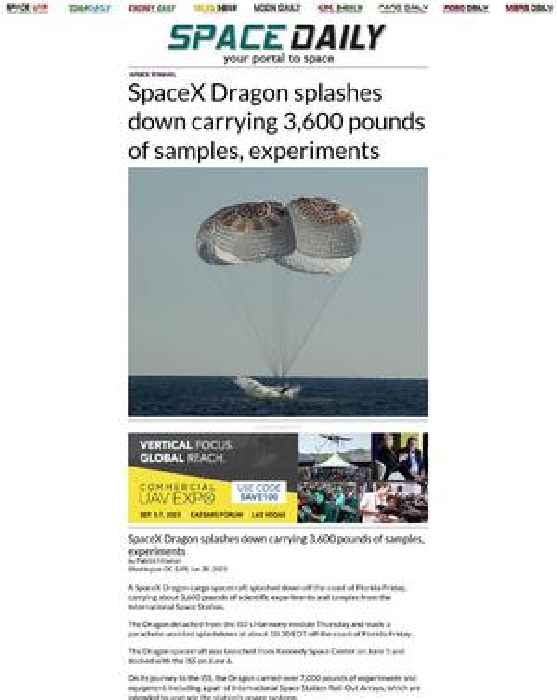SpaceX Dragon splashes down carrying 3,600 pounds of samples, experiments
