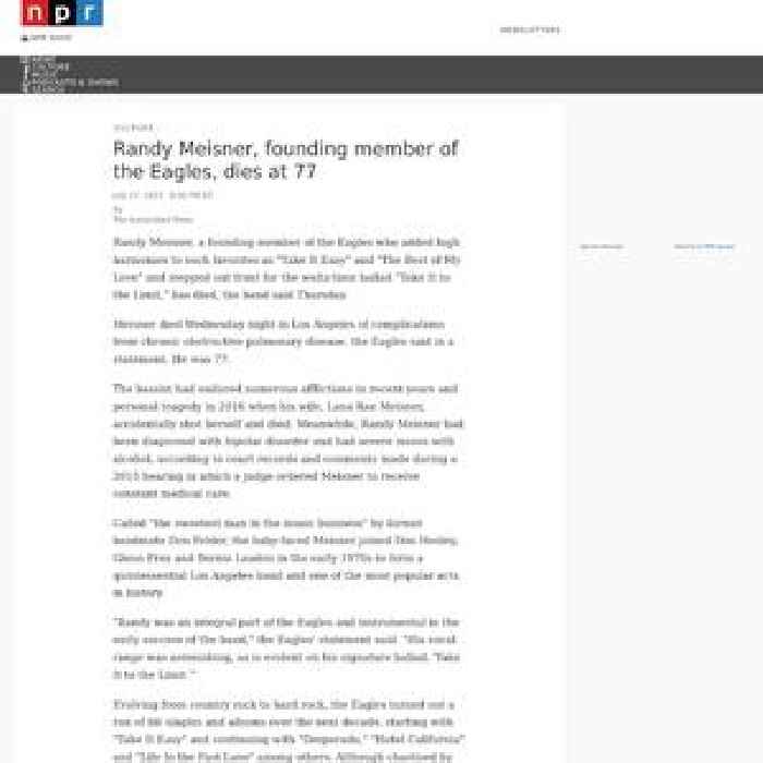 Randy Meisner, founding member of the Eagles, dies at 77