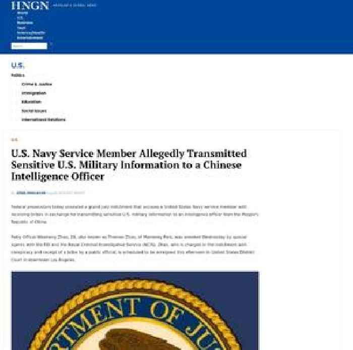 U.S. Navy Service Member Allegedly Transmitted Sensitive U.S. Military Information to a Chinese Intelligence Officer