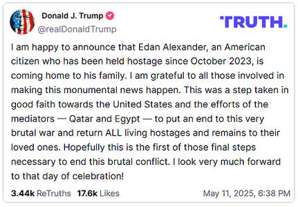 ‘Coming Home to His Family’: Trump Announces Edan Alexander, Last Living American Held Hostage by Hamas To Be Released