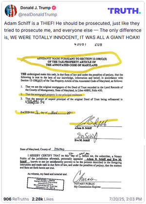 ‘THIEF!’ Trump Shares Alleged Adam Schiff Tax Document, Calls for Prosecution of ‘Fraud’