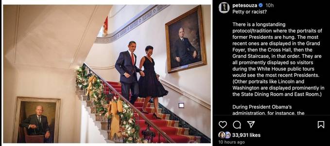 ‘Petty or Racist?’ Former White House Photographer Bashes Trump for Moving Obama Portrait Out of Sight