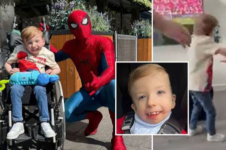 Young boy given 'strength by Spider-Man' to walk unassisted for first time after meeting hero